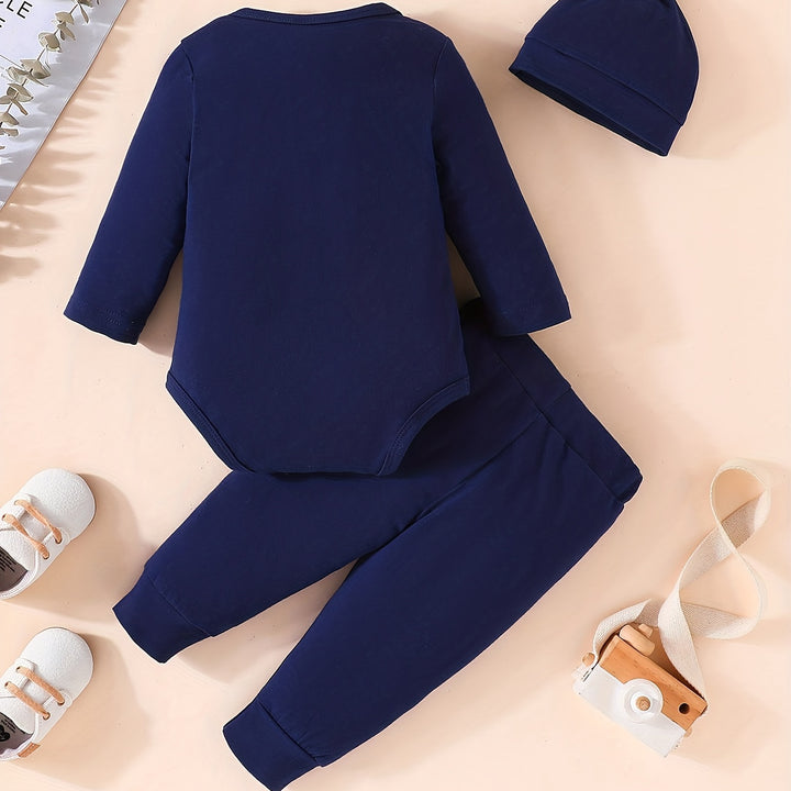 3pcs Baby Boy Long-sleeved Romper + Trousers + Hat, Casual Cotton Set