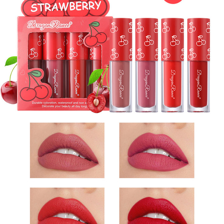 4 Pcs Strawberry Matte Lipstick Set - Lip Stains with Waterproof, Non-Stick, Velvety Finish and Long-Lasting Lip Glaze - Perfect Valentine's Day Gifts for Women with Lip Care Benefits