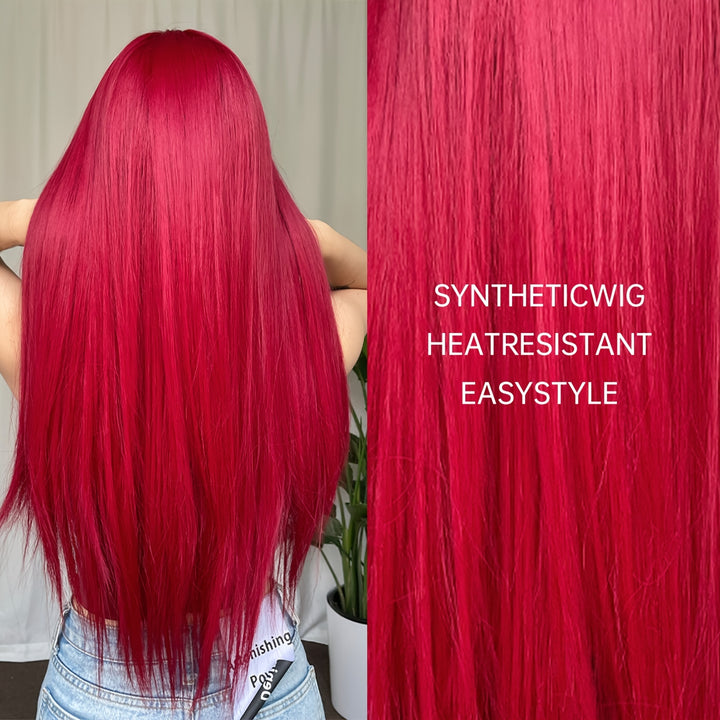 26 Inch Elegant Red Wig with Bangs for Women, Straight Heat Resistant Synthetic Hair, High Temperature Fiber, Rose Net Cap, Fashionable Long Wig