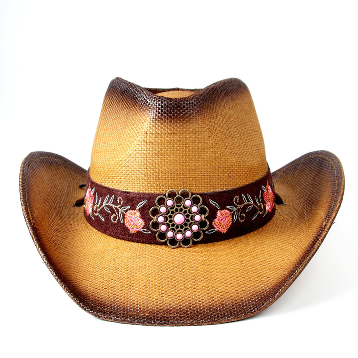 [Elegant Western Cowboy Hat] Natural Straw Western Cowboy Hat - Elegant Women's with Floral Embroidery, Sun Protection, Adjustable Drawstring, Perfect for Summer Outdoor Adventures