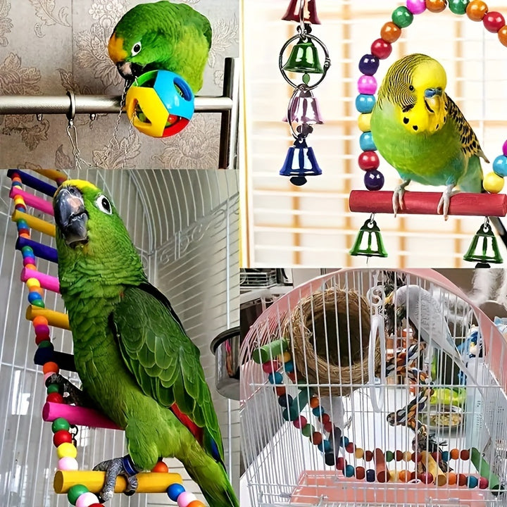 5pcs/8pcs/15pcs of Long-Tailed Parakeet Toys, Hanging Bells for Pet Bird Cages, Hammocks, Swings, Wooden Perches for Chewing, Suitable for Budgerigars, Conures, Lovebirds, Finches, And Long-Tailed Parakeets. Swinging And Stan