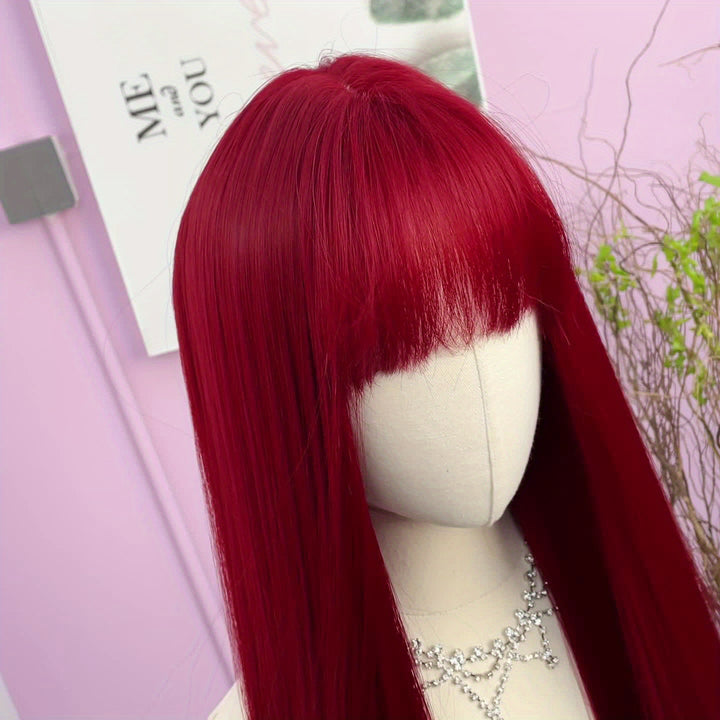26 Inch Elegant Red Wig with Bangs for Women, Straight Heat Resistant Synthetic Hair, High Temperature Fiber, Rose Net Cap, Fashionable Long Wig