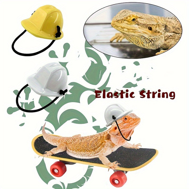 4pcs/Set Reptile Training Toys, 2pcs Plastic Mini Skateboard Bird Toys With 2pcs Hats, Bearded Dragon Lizard Construction Helmet Hats And Mini Scooter, Pet Training Supplies For Self-Amusement