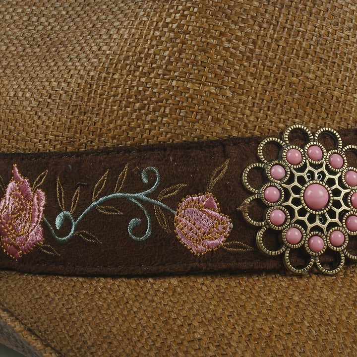 [Elegant Western Cowboy Hat] Natural Straw Western Cowboy Hat - Elegant Women's with Floral Embroidery, Sun Protection, Adjustable Drawstring, Perfect for Summer Outdoor Adventures