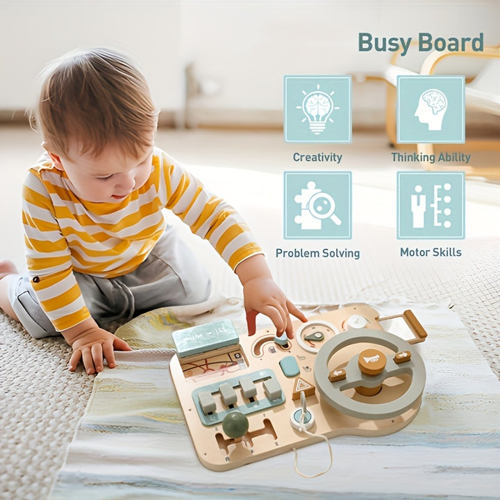 Drive Learning Through Play!
This wooden steering wheel busy board helps kids develop motor skills, problem-solving, and road sign recognition—all while having fun! Made from smooth, burr-free plywood in vibrant colors. Perfect for curious little drivers.