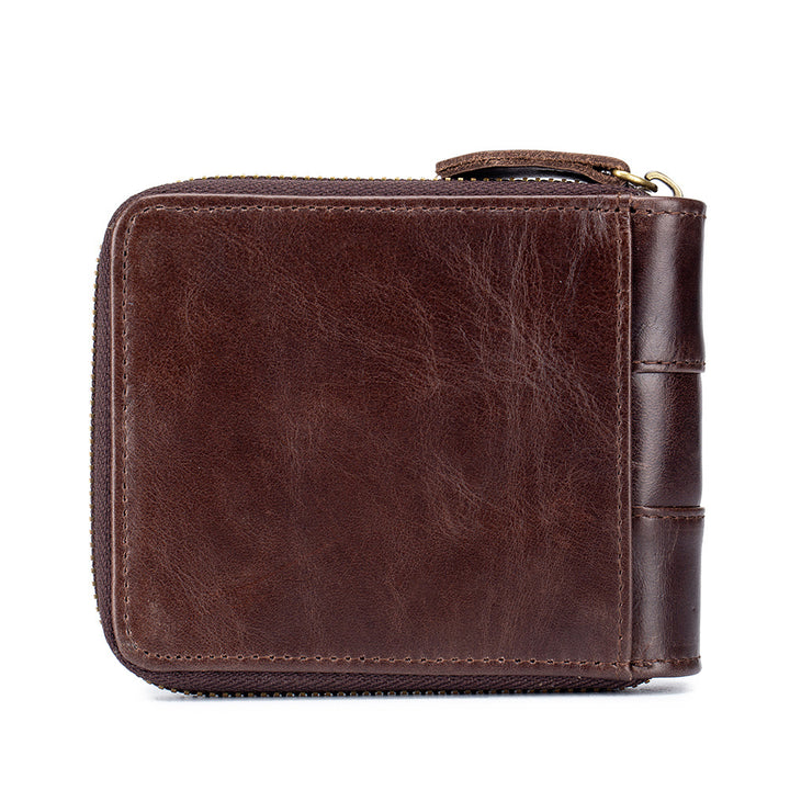 Men's Retro Genuine Leather Multi-Card Wallet with Zip, Large Capacity, Anti-Theft