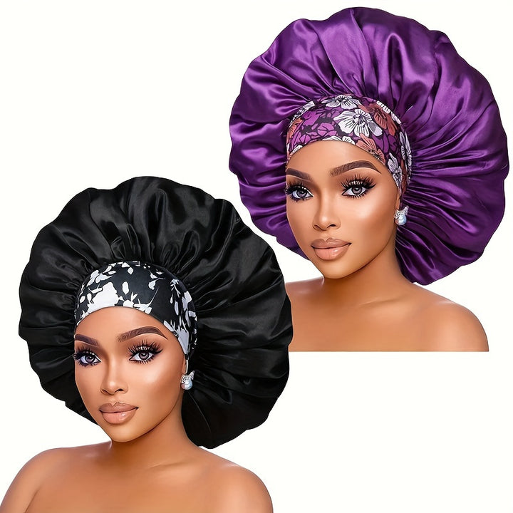 2pcs/set Oversized Satin Bonnet Flower Printed Band Imitation Silk Soft Sleeping Night Cap Elastic Lightweight Hair Bonnets For Women daily use