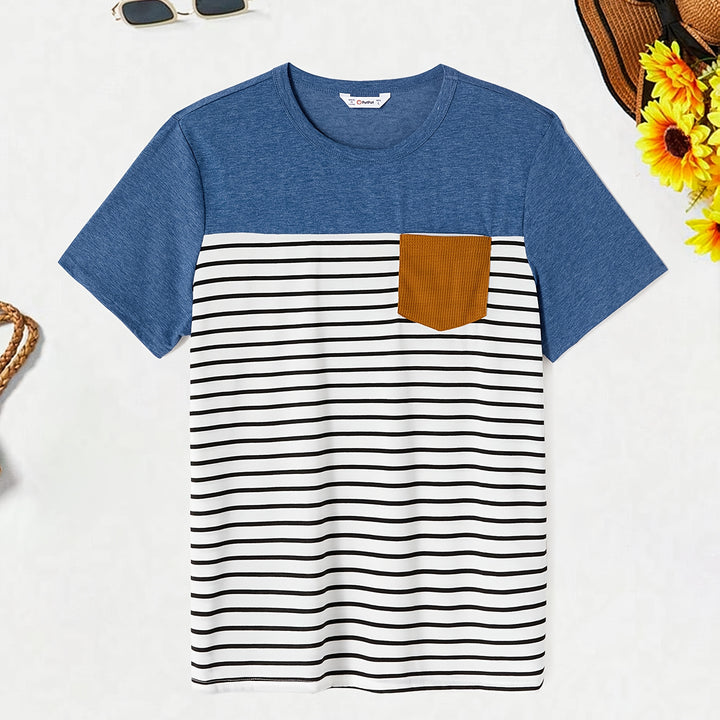PatPat Family Matching Blue Cap-sleeve Belted Midi Dresses And Short-sleeve Striped Spliced T-shirts Sets, Men Women Baby Kid's Clothes For Family Activities