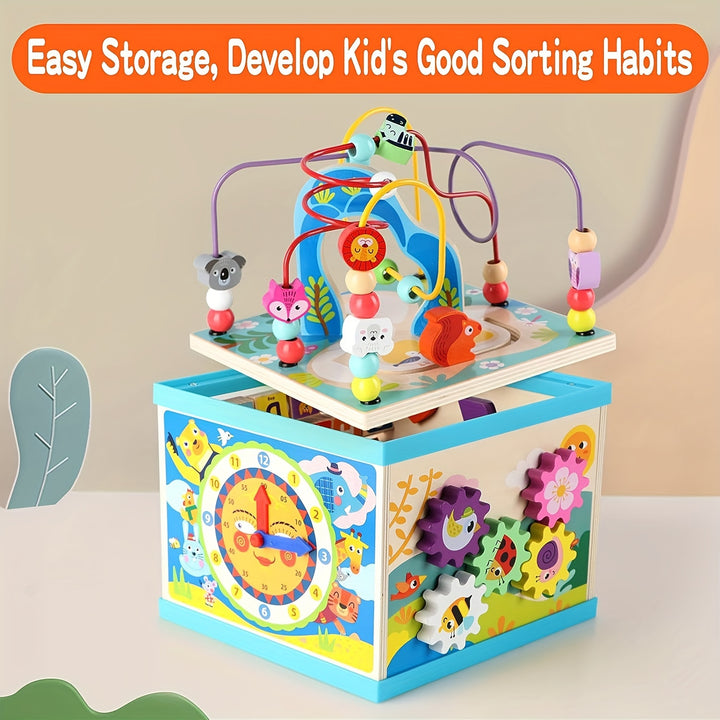 Wooden Activity Cube, 5-in-1 Toys For 1+ Year Old Boys & Girls, Educational Learning Toys For Toddlers Age 1-2, Multipurpose ABC-123 Abacus Bead Maze Shape Sorter