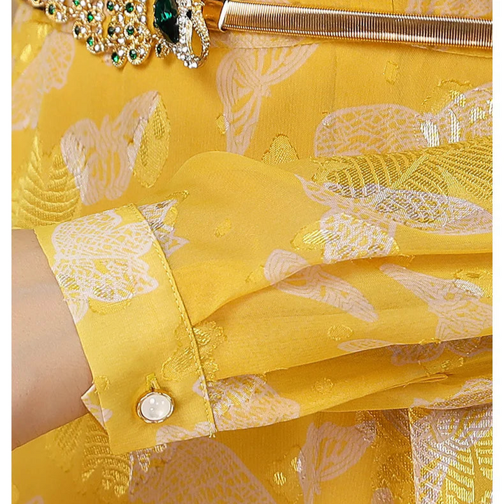 Jacquard Runway Women Party dress Evening Long Sleeve Vintage Floral Yellow Long Dress Zipper Photography Occasion