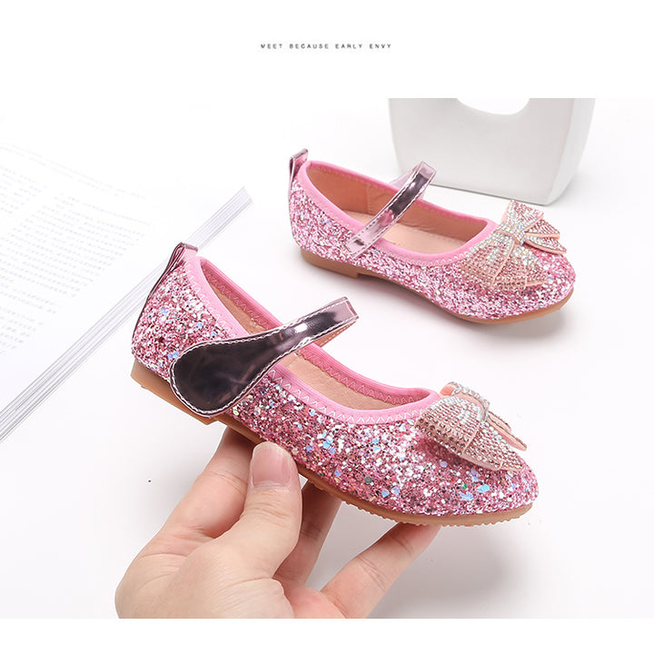 Sparkling Princess Mary Jane Ballet Flats - Soft Sole, Glitter Sequin, Rhinestone Bow Girls Shoes for Everyday Wear - Comfortable, Fashionable, and Durable