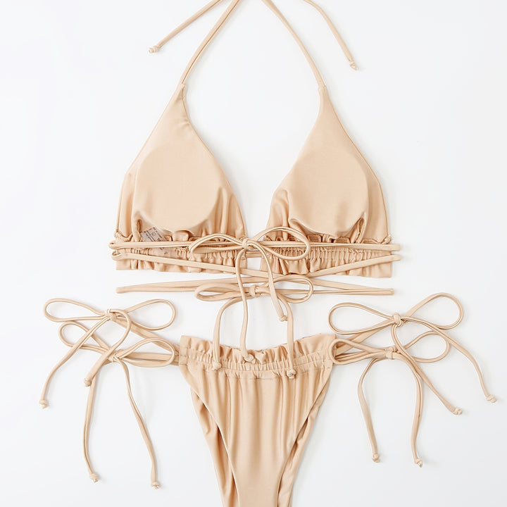 New Bikini Set with Multiple Straps and Bow Swimwear for Women's Solid Color One-Shoulder Swimsuit