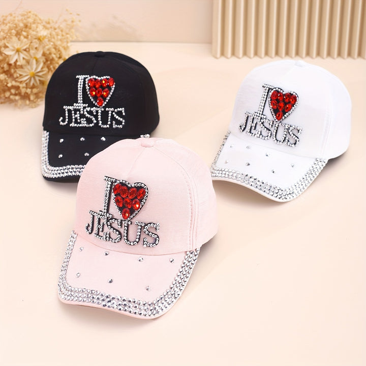 Stylish Letter Rhinestone Baseball Cap - Breathable, Adjustable, Lightweight Cotton Sun Hat for Women - Trendy Solid Color Dad Hat with Knitting Craftsmanship and Religious Theme