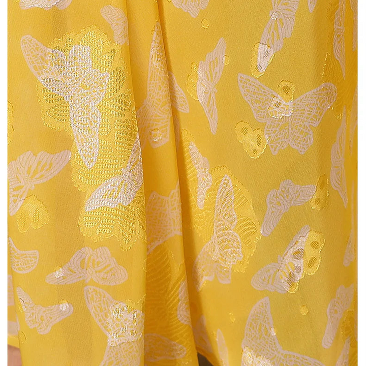 Jacquard Runway Dress Party Evening Long Sleeve Vintage Floral Yellow Long Dress Zipper Photography Occasion