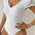 Floral Pattern V Neck Lace Bodysuit, Elegant Cap Sleeve Stylish Bodysuit, Women's Clothing