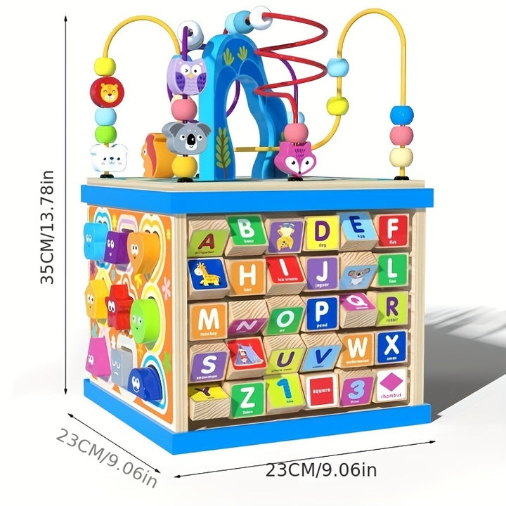 Wooden Activity Cube, 5-in-1 Toys For 1+ Year Old Boys & Girls, Educational Learning Toys For Toddlers Age 1-2, Multipurpose ABC-123 Abacus Bead Maze Shape Sorter