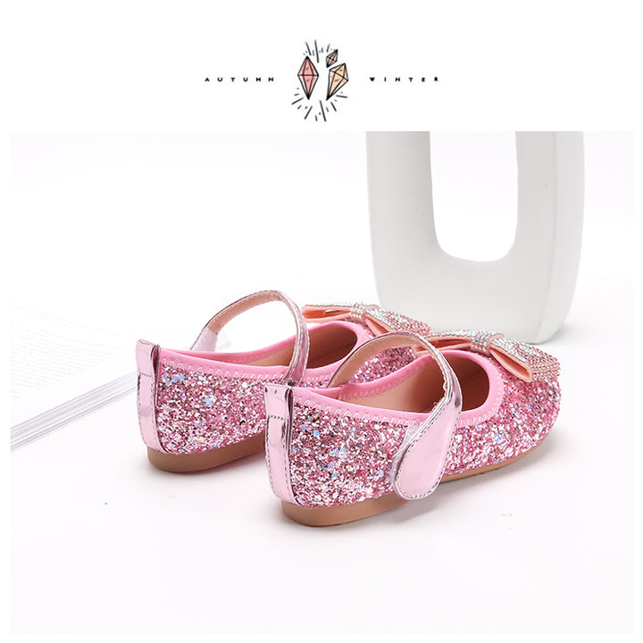 Sparkling Princess Mary Jane Ballet Flats - Soft Sole, Glitter Sequin, Rhinestone Bow Girls Shoes for Everyday Wear - Comfortable, Fashionable, and Durable