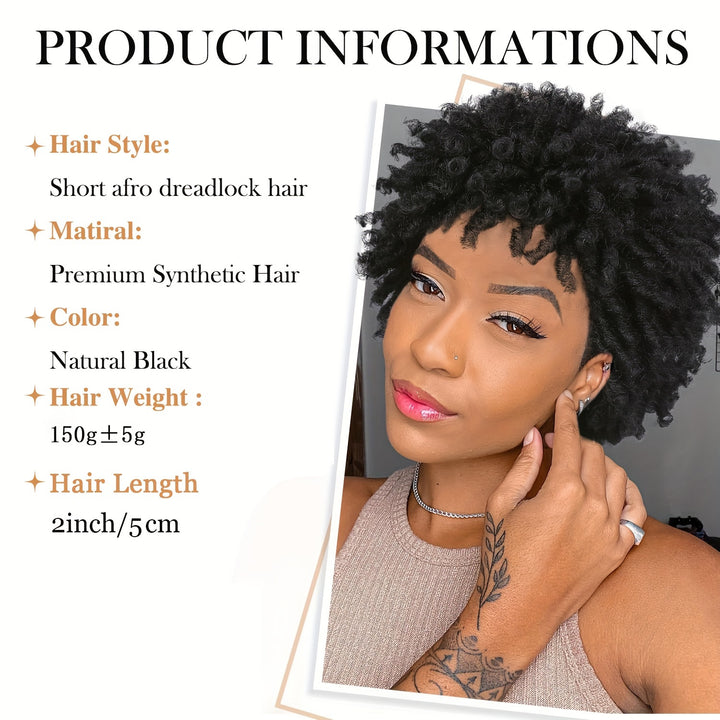 Afro Curly Faux Locs Wig, Glueless Synthetic Short Dreadlock Hairpiece, 150% Density, Rose Cap, for Women and Men, All Ethnicities, High-Temperature Fiber, Basic Style