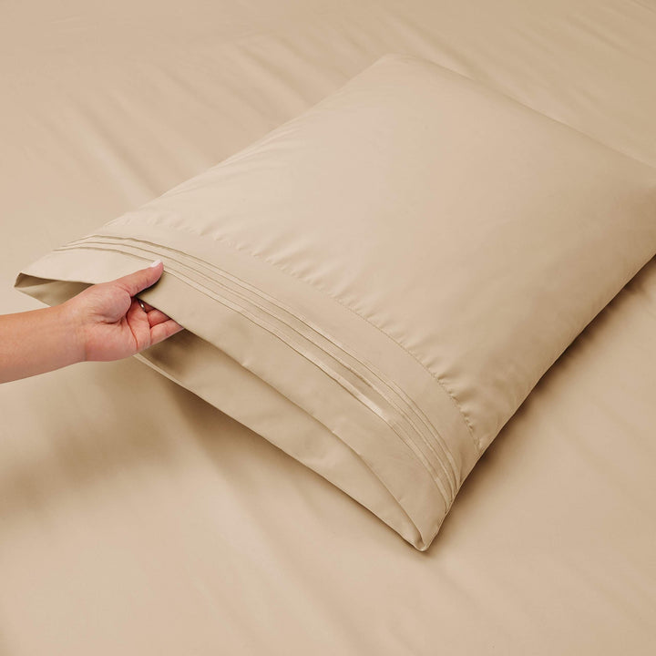 3/4pcs Beige Bedding Set - Independence Day Celebration Gift, Polyester 100., Machine Washable, All-Season Use, Includes Fitted Sheet and Pillowcases, Holiday Bedding|Decorative Bedding|Polyester Fabric