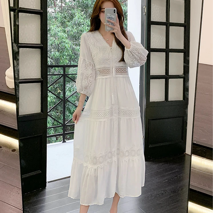 White Long Dress Boho Hollow Out Dress Ladies Elegant Vintage Loose Vestidos