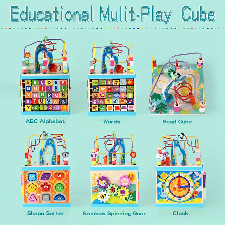Wooden Activity Cube, 5-in-1 Toys For 1+ Year Old Boys & Girls, Educational Learning Toys For Toddlers Age 1-2, Multipurpose ABC-123 Abacus Bead Maze Shape Sorter