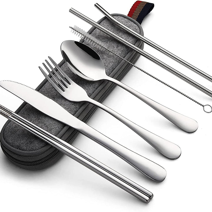 Portable Utensils, Travel Camping Cutlery Set, 8pcs including Knife Fork Spoon Chopsticks Cleaning Brush Straws Portable Case, Stainless Steel Flatware set