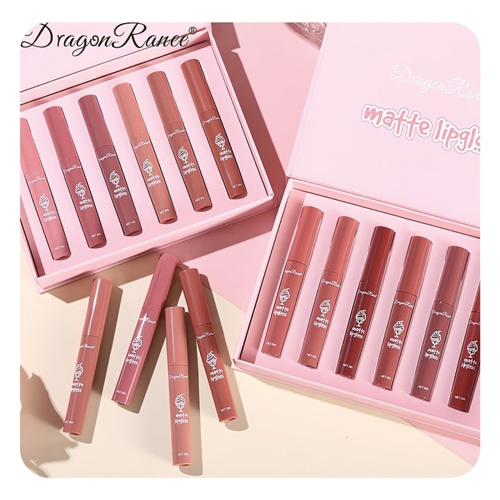 6 Pcs Lip Glaze Lipstick 6 Sets Non Stick Cup Nude Skin Color Lip Gloss Cute Set Box Long Lasting Non Stick Cup Does Not Fade Waterproof Lip Gloss Lipstick Gel, Valentine's Day Gifts For Women