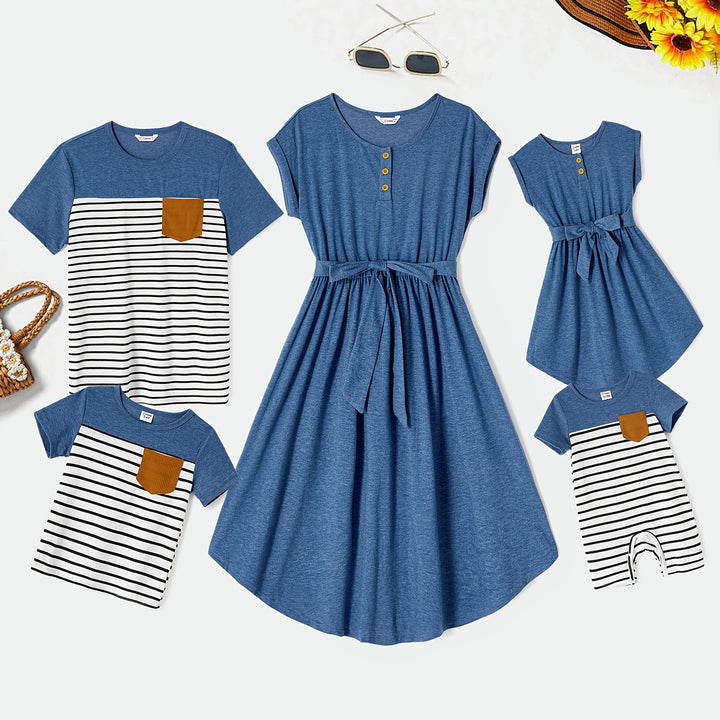 PatPat Family Matching Blue Cap-sleeve Belted Midi Dresses And Short-sleeve Striped Spliced T-shirts Sets, Men Women Baby Kid's Clothes For Family Activities