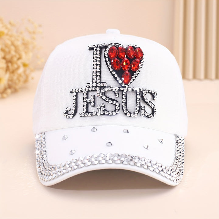Stylish Letter Rhinestone Baseball Cap - Breathable, Adjustable, Lightweight Cotton Sun Hat for Women - Trendy Solid Color Dad Hat with Knitting Craftsmanship and Religious Theme