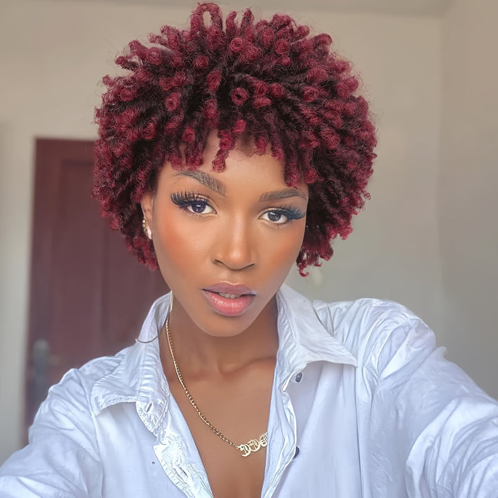 Afro Curly Faux Locs Wig, Glueless Synthetic Short Dreadlock Hairpiece, 150% Density, Rose Cap, for Women and Men, All Ethnicities, High-Temperature Fiber, Basic Style