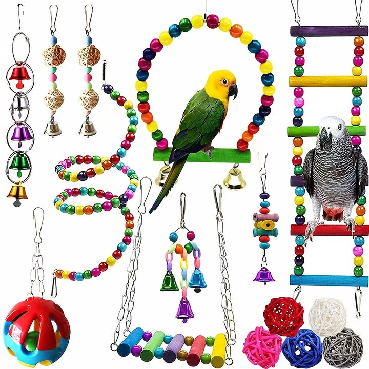 5pcs/8pcs/15pcs of Long-Tailed Parakeet Toys, Hanging Bells for Pet Bird Cages, Hammocks, Swings, Wooden Perches for Chewing, Suitable for Budgerigars, Conures, Lovebirds, Finches, And Long-Tailed Parakeets. Swinging And Stan