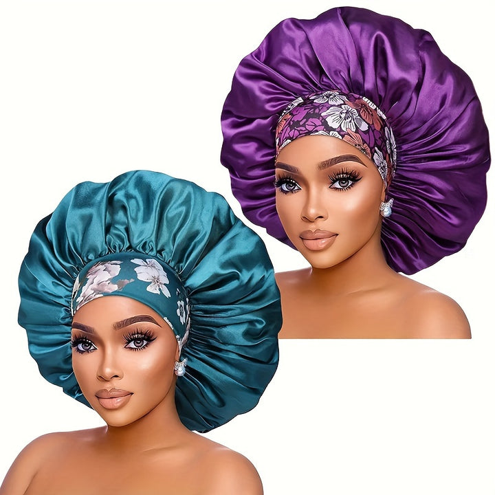 2pcs/set Oversized Satin Bonnet Flower Printed Band Imitation Silk Soft Sleeping Night Cap Elastic Lightweight Hair Bonnets For Women daily use