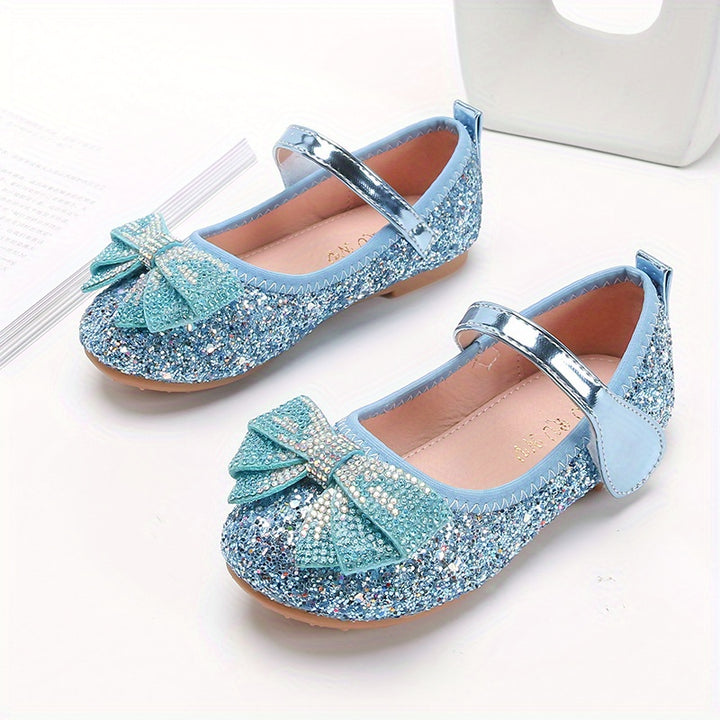 Sparkling Princess Mary Jane Ballet Flats - Soft Sole, Glitter Sequin, Rhinestone Bow Girls Shoes for Everyday Wear - Comfortable, Fashionable, and Durable