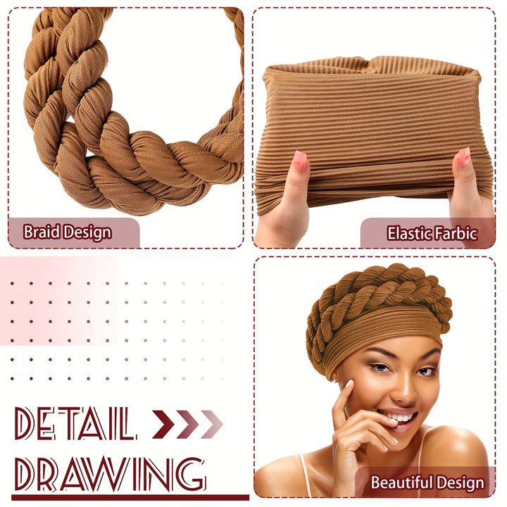 6 Pack Braid Turban Cap for Women Ethnic Bohemia Twisted Hair Cover Wrap Hat African Pre Tied Bonnet Cancer Braid Turban Hat Beanies Headwear Multicoloured