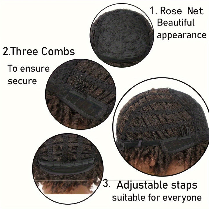 Afro Curly Faux Locs Wig, Glueless Synthetic Short Dreadlock Hairpiece, 150% Density, Rose Cap, for Women and Men, All Ethnicities, High-Temperature Fiber, Basic Style