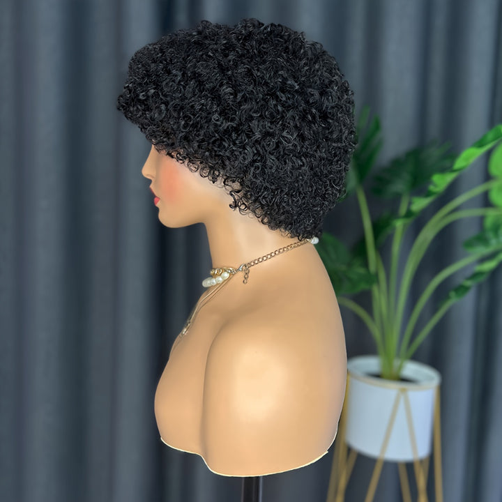 [Popular Choice] Chic Short Pixie Cut Wig - 100% Brazilian Virgin Human Hair, Afro Kinky Curly Style, 150% Density, Rose Net Cap for Women, Short Curly Wig, Rose Net Cap