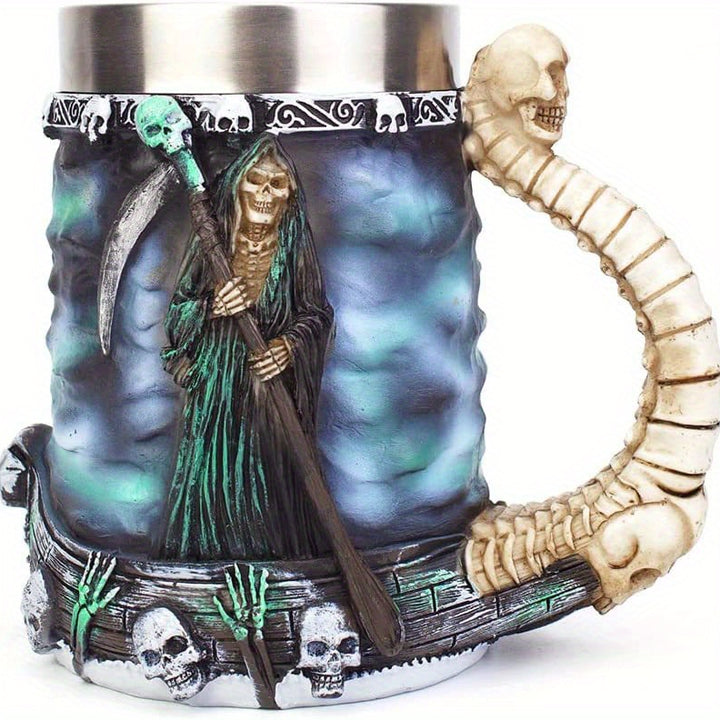 1pc Death Coffee Mug - 20oz 304 Stainless Steel Resin Coffee Cup with Horror Grim Reaper Design, Perfect for Summer and Winter Drinks, Home Kitchen Item, Birthday and Halloween Gift