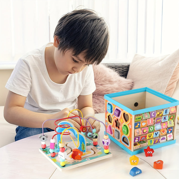 Wooden Activity Cube, 5-in-1 Toys For 1+ Year Old Boys & Girls, Educational Learning Toys For Toddlers Age 1-2, Multipurpose ABC-123 Abacus Bead Maze Shape Sorter