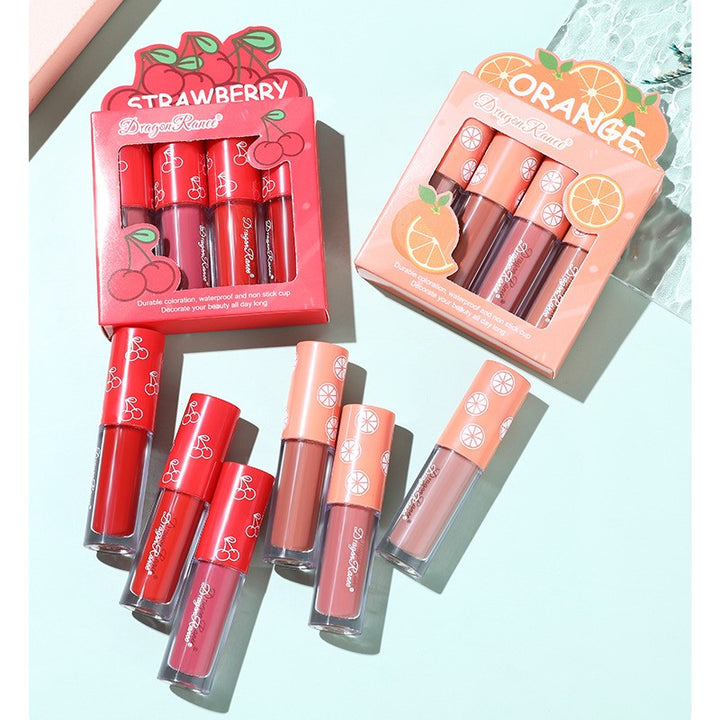 4 Pcs Strawberry Matte Lipstick Set - Lip Stains with Waterproof, Non-Stick, Velvety Finish and Long-Lasting Lip Glaze - Perfect Valentine's Day Gifts for Women with Lip Care Benefits