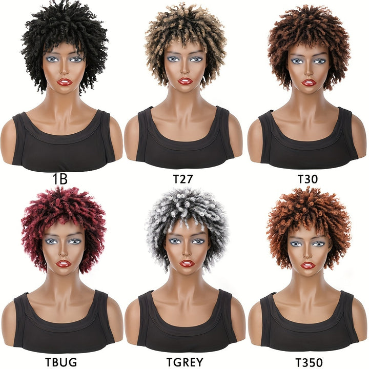 Afro Curly Faux Locs Wig, Glueless Synthetic Short Dreadlock Hairpiece, 150% Density, Rose Cap, for Women and Men, All Ethnicities, High-Temperature Fiber, Basic Style
