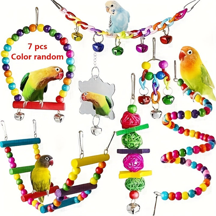 5pcs/8pcs/15pcs of Long-Tailed Parakeet Toys, Hanging Bells for Pet Bird Cages, Hammocks, Swings, Wooden Perches for Chewing, Suitable for Budgerigars, Conures, Lovebirds, Finches, And Long-Tailed Parakeets. Swinging And Stan