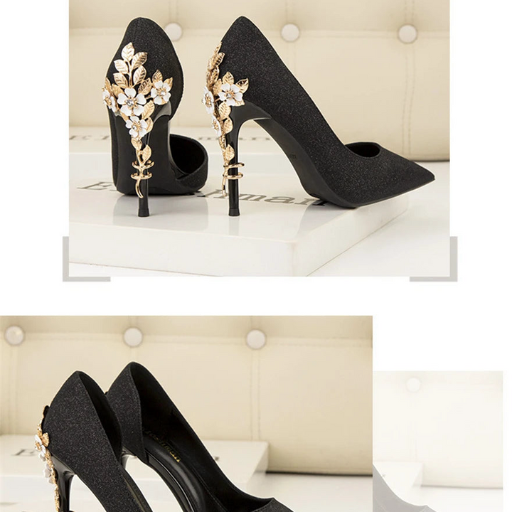 Light Luxury Sexy Women Dress Shoes 2025 Autumn Metal Flower Fashion High Heel Wedding White Pointed Sequins Shiny Female Pumps