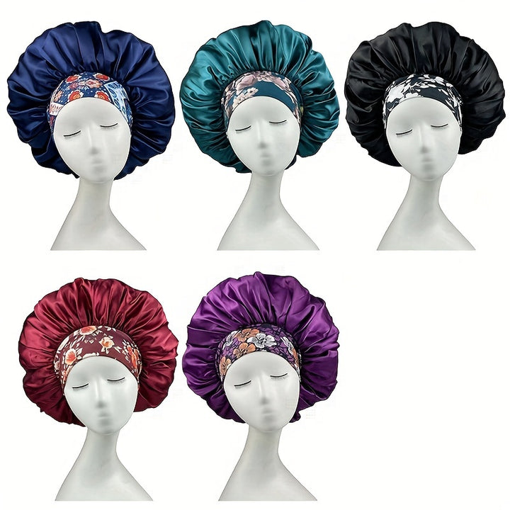2pcs/set Oversized Satin Bonnet Flower Printed Band Imitation Silk Soft Sleeping Night Cap Elastic Lightweight Hair Bonnets For Women daily use