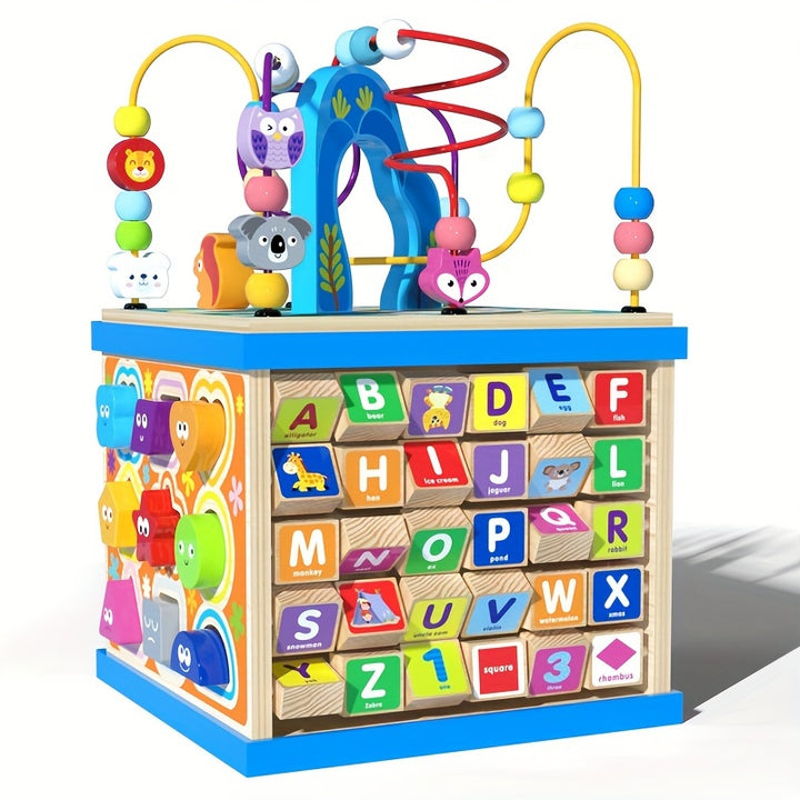 Wooden Activity Cube, 5-in-1 Toys For 1+ Year Old Boys & Girls, Educational Learning Toys For Toddlers Age 1-2, Multipurpose ABC-123 Abacus Bead Maze Shape Sorter