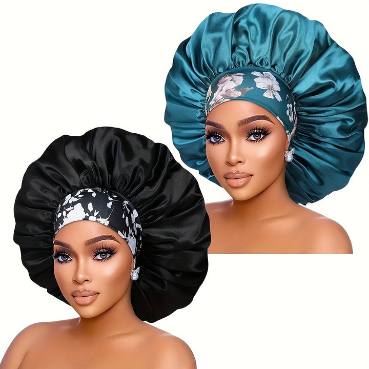 2pcs/set Oversized Satin Bonnet Flower Printed Band Imitation Silk Soft Sleeping Night Cap Elastic Lightweight Hair Bonnets For Women daily use