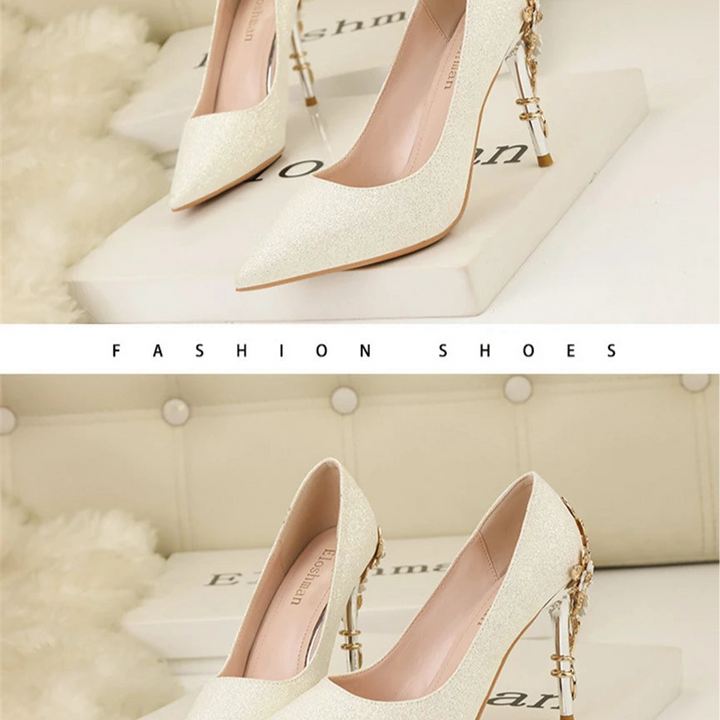 Light Luxury Sexy Women Dress Shoes 2025 Autumn Metal Flower Fashion High Heel Wedding White Pointed Sequins Shiny Female Pumps
