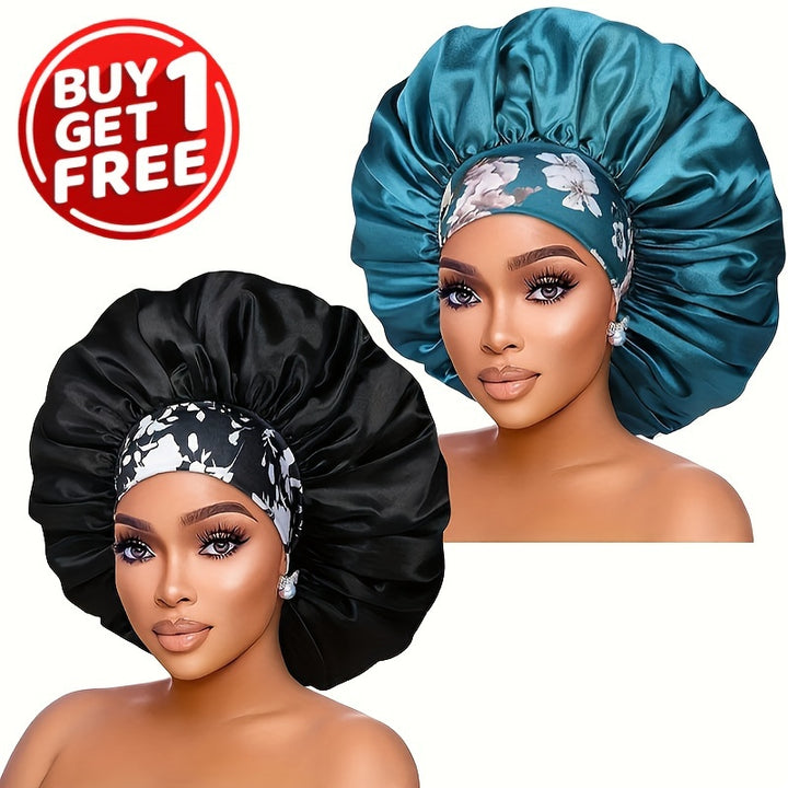 2pcs/set Oversized Satin Bonnet Flower Printed Band Imitation Silk Soft Sleeping Night Cap Elastic Lightweight Hair Bonnets For Women daily use