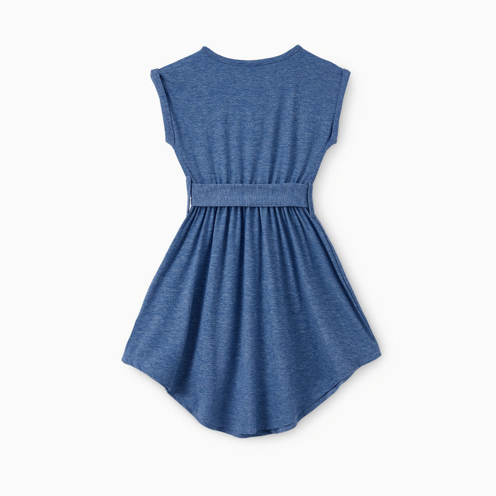 PatPat Family Matching Blue Cap-sleeve Belted Midi Dresses And Short-sleeve Striped Spliced T-shirts Sets, Men Women Baby Kid's Clothes For Family Activities