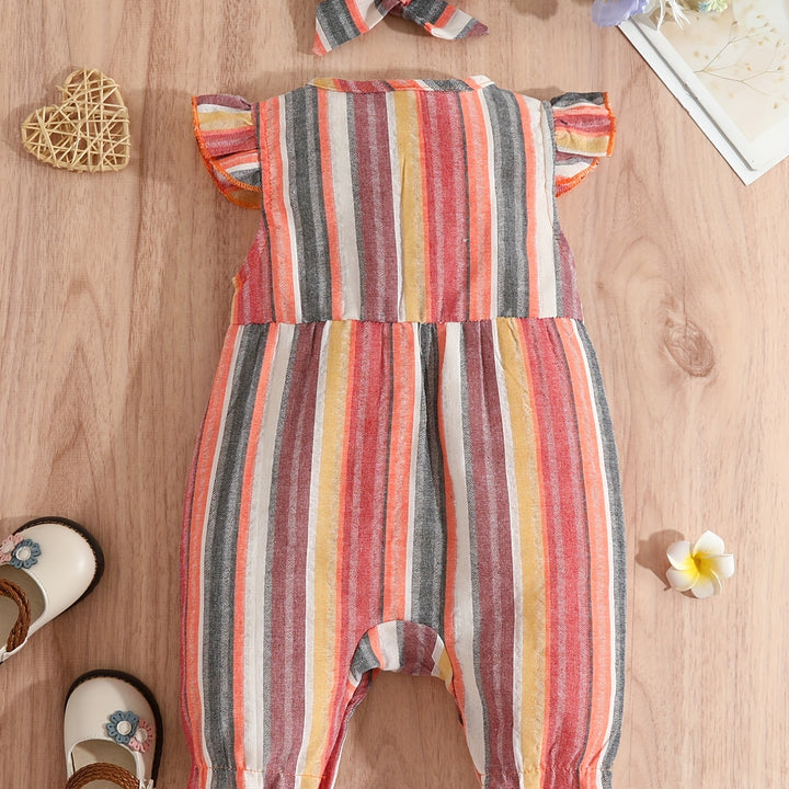 Baby Girls Striped Ruffled Romper Set with Bow Headband for Summer