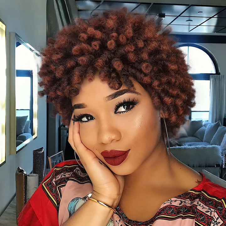 Afro Curly Faux Locs Wig, Glueless Synthetic Short Dreadlock Hairpiece, 150% Density, Rose Cap, for Women and Men, All Ethnicities, High-Temperature Fiber, Basic Style